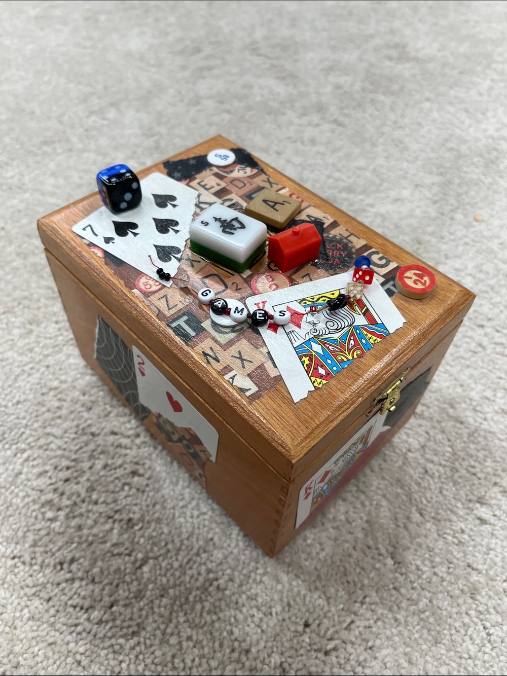 Decorative Wooden Game Box with Assorted Game Pieces - Brown & Red